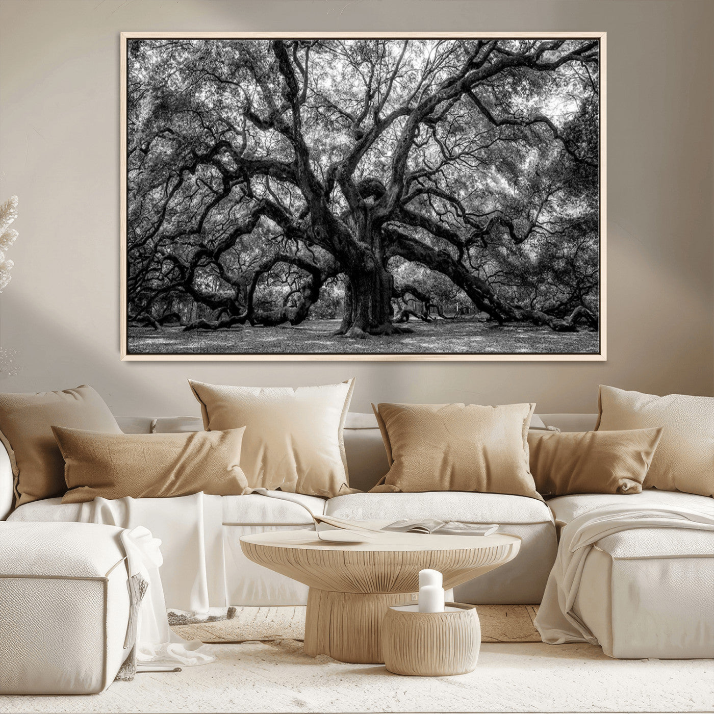 132944706-MGV-CV-36X24-Ancient Tree Wall Art – Black and White Photography Canvas Print Featuring Majestic Twisting Branches, Rustic Nature Artwork for