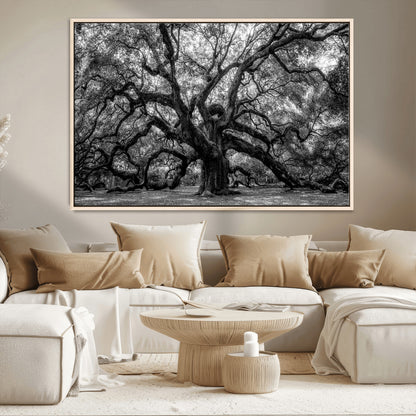 132944706-MGV-CV-36X24-Ancient Tree Wall Art – Black and White Photography Canvas Print Featuring Majestic Twisting Branches, Rustic Nature Artwork for