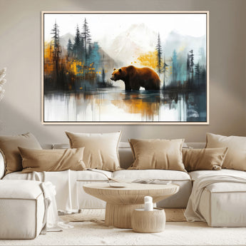 50308-MGV-CV-36X24-Abstract Rustic Bear Wall Art – Forest and Mountain Scene Canvas Print, Nature Artwork for Modern Farmhouse or Log Cabin Decor