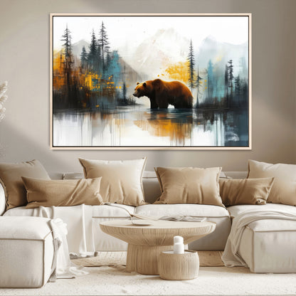 50308-MGV-CV-36X24-Abstract Rustic Bear Wall Art – Forest and Mountain Scene Canvas Print, Nature Artwork for Modern Farmhouse or Log Cabin Decor