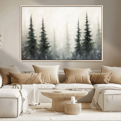 33241-MGV-CV-36X24-Misty Forest Wall Art Canvas Print, Framed Foggy Pines Art Picture Print, Forest Haze Perfect Rustic Minimalist Decor Artwork