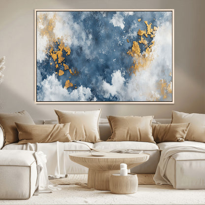 39575-MGV-CV-36X24-Blue and Gold Abstract Wall Art – Modern Canvas Print Featuring Cloudy Textures with Metallic Accents, Contemporary Artwork for