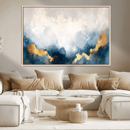 14578-MGV-CV-36X24-Abstract Wall Art – Modern Canvas Print Featuring Blue and White Clouds with Golden Accents, Contemporary Elegant Artwork for