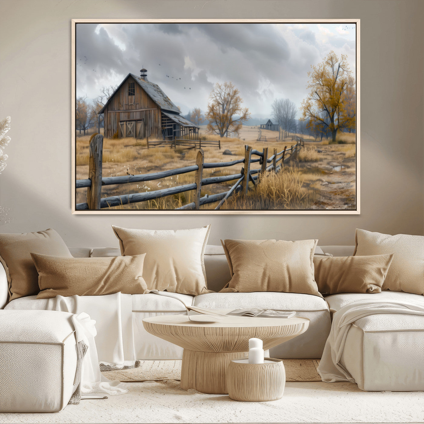 Farm1-MGV-CV-36X24-Rustic Autumn Farmhouse Wall Art – Serene Countryside Scene Canvas Print, Weathered Barn and Autumn Trees Decor for Living Room,