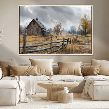 Farm1-MGV-CV-36X24-Rustic Autumn Farmhouse Wall Art – Serene Countryside Scene Canvas Print, Weathered Barn and Autumn Trees Decor for Living Room,