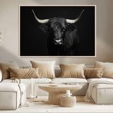 97914921-MGV-CV-36X24-Black Bull Wall Art Canvas Print, Framed Longhorn Bull Art Picture Print, Western Bull Perfect Monochrome Western Decor Artwork