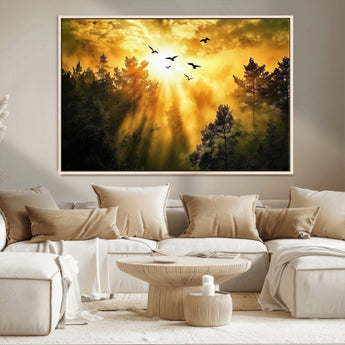 13776802-MGV-CV-36X24-Golden Forest Wall Art Canvas Print, Framed Sunset Pines Art Picture Print, Flying Birds Perfect Nature Glow Decor Artwork