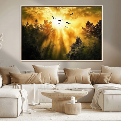 13776802-MGV-CV-36X24-Golden Forest Wall Art Canvas Print, Framed Sunset Pines Art Picture Print, Flying Birds Perfect Nature Glow Decor Artwork