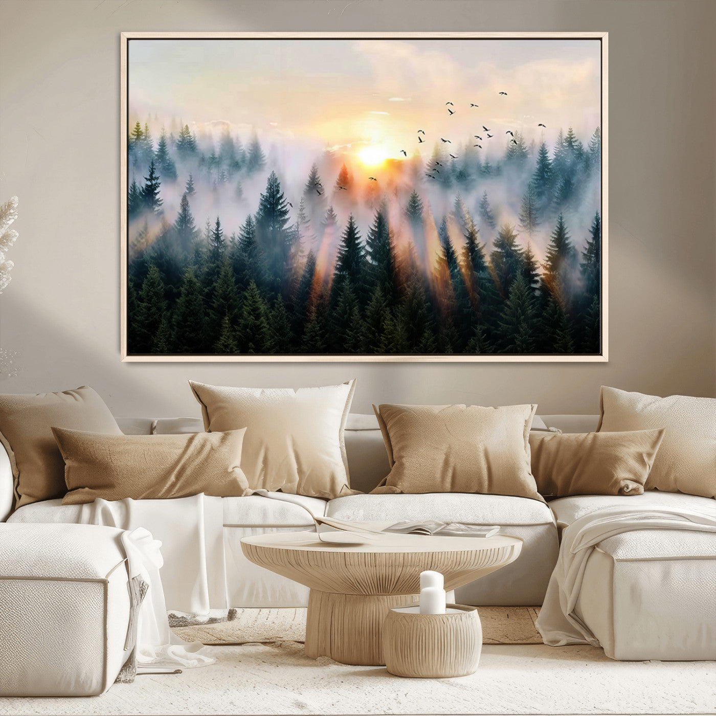 56391411-MGV-CV-36X24-Misty Forest Wall Art Canvas Print, Framed Sunrise Pines Art Picture Print, Moody Pines Perfect Serene Woodland Decor Artwork