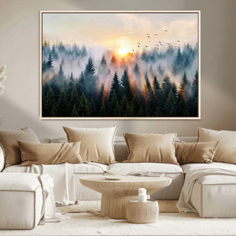 56391411-MGV-CV-36X24-Misty Forest Wall Art Canvas Print, Framed Sunrise Pines Art Picture Print, Moody Pines Perfect Serene Woodland Decor Artwork