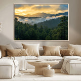 68082278-MGV-CV-36X24-Mountain Sunrise Wall Art Canvas Print, Framed Pine Forest Art Picture Print, Misty Mountains Perfect Earthy Woodland Decor