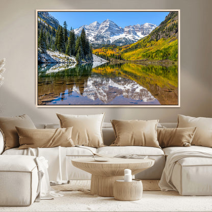 87724099-MGV-CV-36X24-Maroon Bells Wall Art Canvas Print, Framed Snowy Mountains Art Picture Print, Pine Forest Perfect Vibrant Alpine Decor Artwork