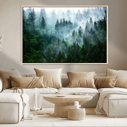 17393683-MGV-CV-36X24-Misty Forest Art Wall Art Canvas Print, Framed Foggy Mountain Art Art Picture Print, Scenic Wall Print Perfect Decor Artwork