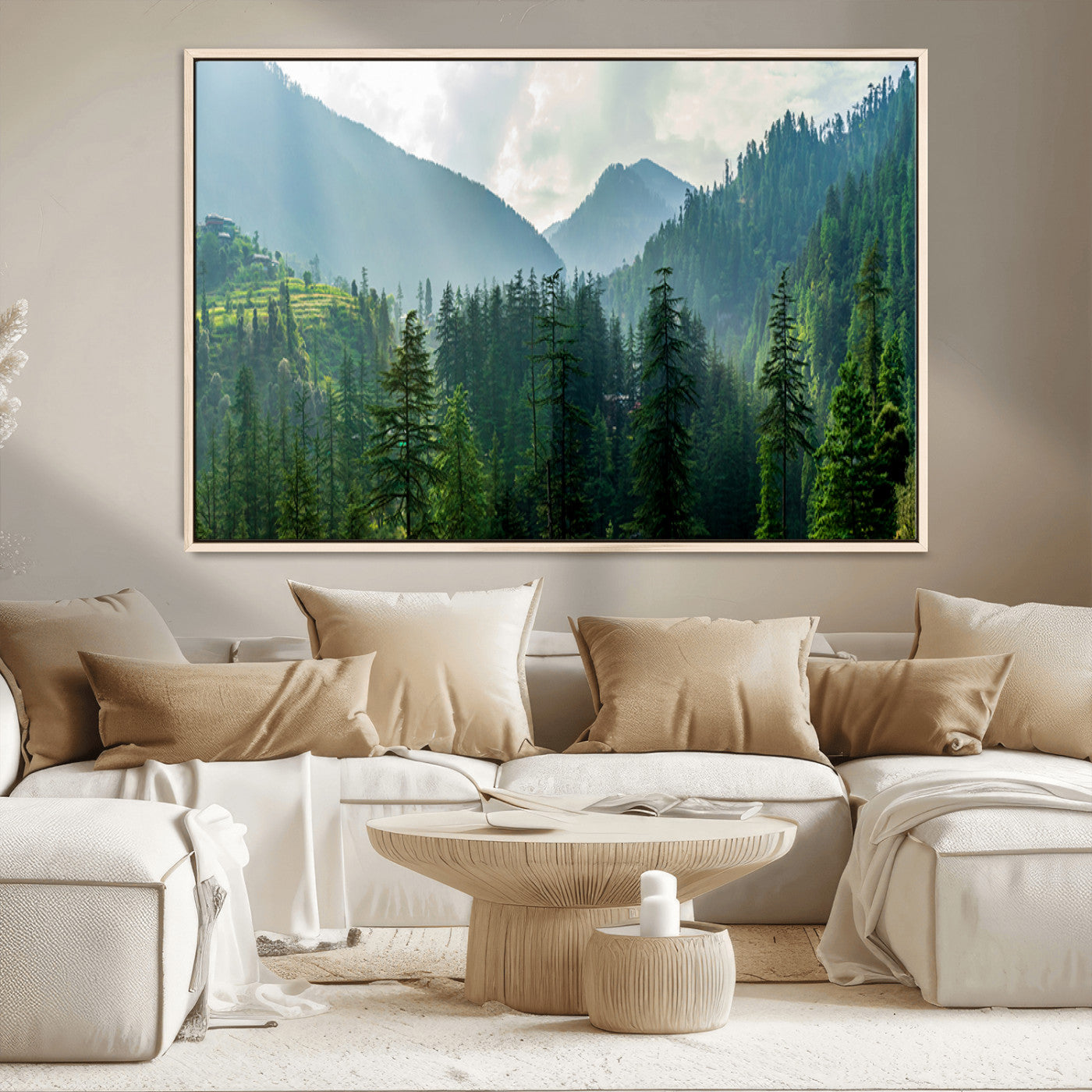 83417191-MGV-CV-36X24-Misty Mountain Forest Wall Art – Pine Tree Landscape Canvas Print, Nature Photography Panorama, Tranquil Green Forest Décor for