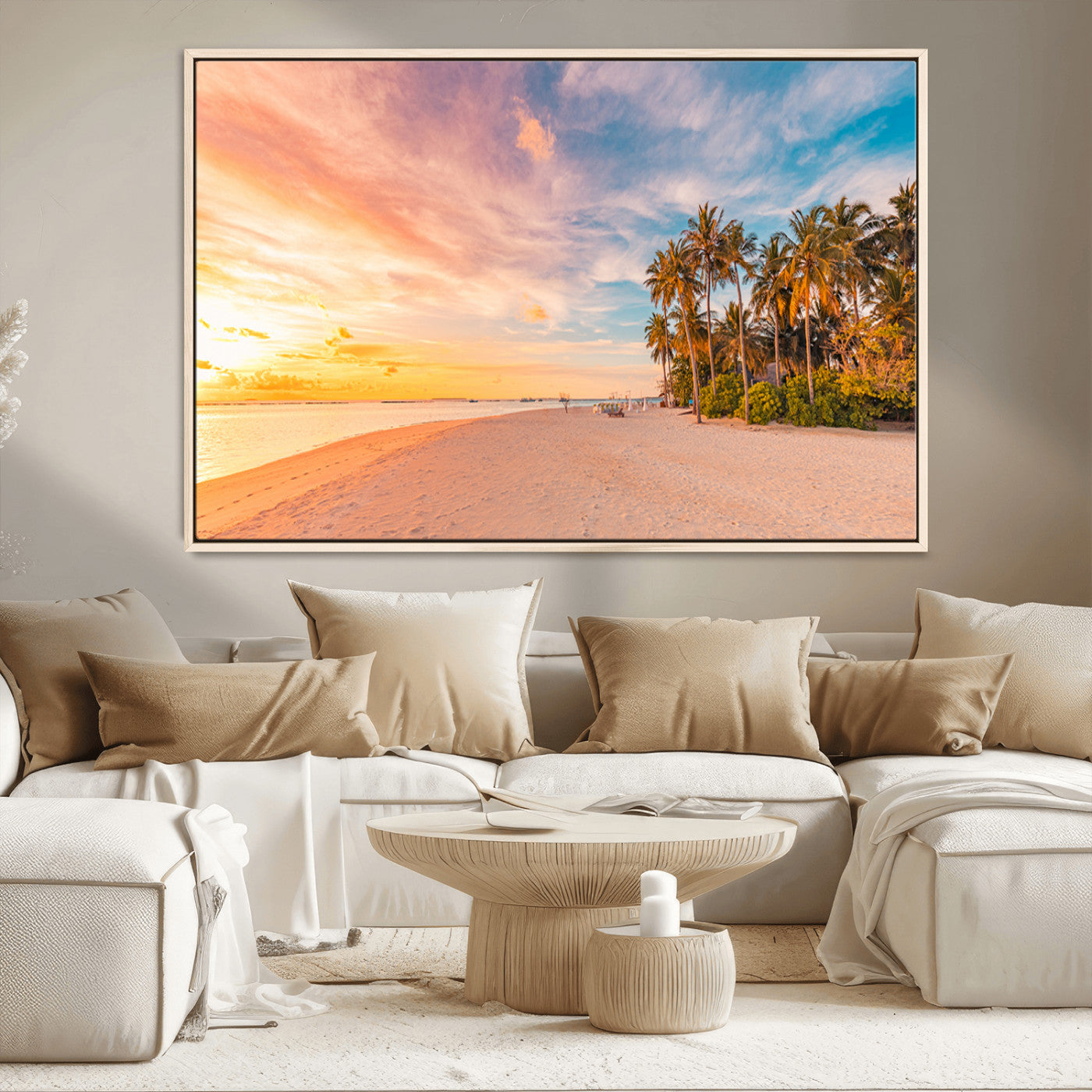 41542880-MGV-CV-36X24-Tropical Beach Wall Art Canvas Print, Framed Palm Trees Art Picture Print, Sunset Shore Perfect Tropical Coastal Decor Artwork