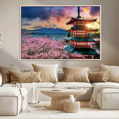 32331262-MGV-CV-36X24-Mount Fuji Japan Wall Art – Cherry Blossom Landscape Canvas Print, Chureito Pagoda Sunset Photography, Japanese Nature Travel