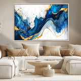 33506371-MGV-CV-36X24-Blue Marble Wall Art Canvas Print, Framed Gold Splash Art Picture Print, Abstract Wave Perfect Modern Luxe Decor Artwork