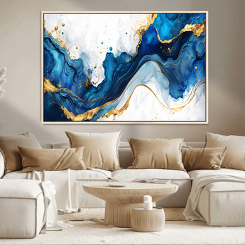 33506371-MGV-CV-36X24-Blue Marble Wall Art Canvas Print, Framed Gold Splash Art Picture Print, Abstract Wave Perfect Modern Luxe Decor Artwork