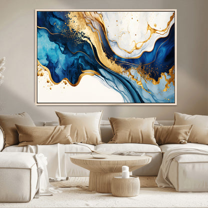 60283636-MGV-CV-36X24-Blue Gold Flow Wall Art Canvas Print, Framed Marble Texture Art Picture Print, Elegant Splash Perfect Elegant Abstract Decor