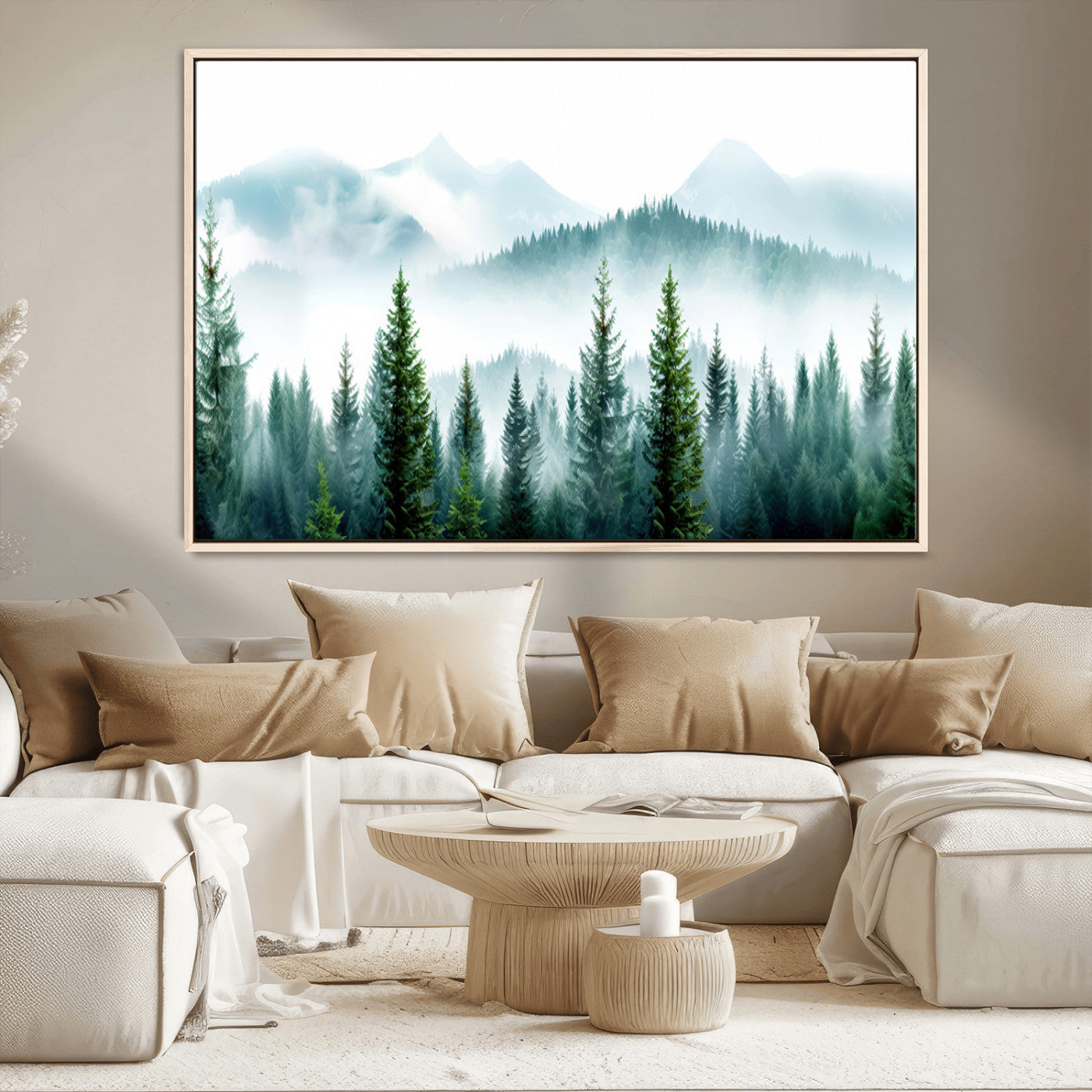 16716676-MGV-CV-36X24-Pine Forest Wall Art Canvas Print, Framed Misty Mountains Art Picture Print, Foggy Trees Perfect Moody Forest Decor Artwork