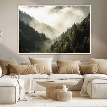 57570237-MGV-CV-36X24-Misty Valley Wall Art Canvas Print, Framed Foggy Forest Art Picture Print, Pine Trees Perfect Moody Woodland Decor Artwork