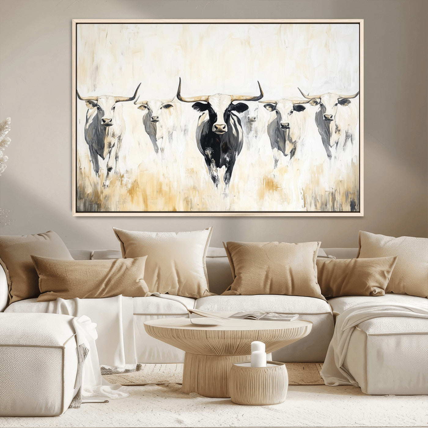 40397799-MGV-CV-36X24-Texas Longhorn Wall Art Canvas Print, Framed Rustic Herd Art Picture Print, Western Bull Perfect Neutral Western Decor Artwork