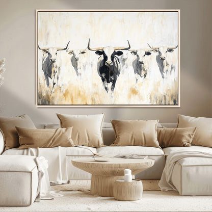 40397799-MGV-CV-36X24-Texas Longhorn Wall Art Canvas Print, Framed Rustic Herd Art Picture Print, Western Bull Perfect Neutral Western Decor Artwork