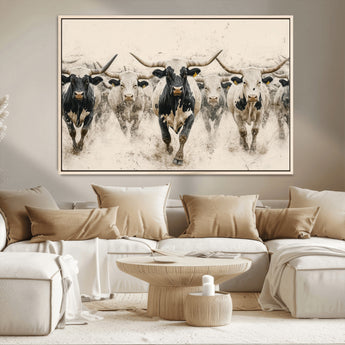 61538944-MGV-CV-36X24-Texas Longhorn Wall Art Canvas Print, Framed Cattles Walking Art Picture Print, Black White Bulls Perfect Rustic Western Decor