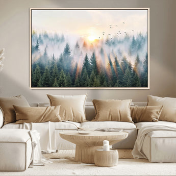 92718976-MGV-CV-36X24-Misty Forest Wall Art Canvas Print, Framed Sunrise Pines Art Picture Print, Foggy Woodland Perfect Moody Woodland Decor Artwork
