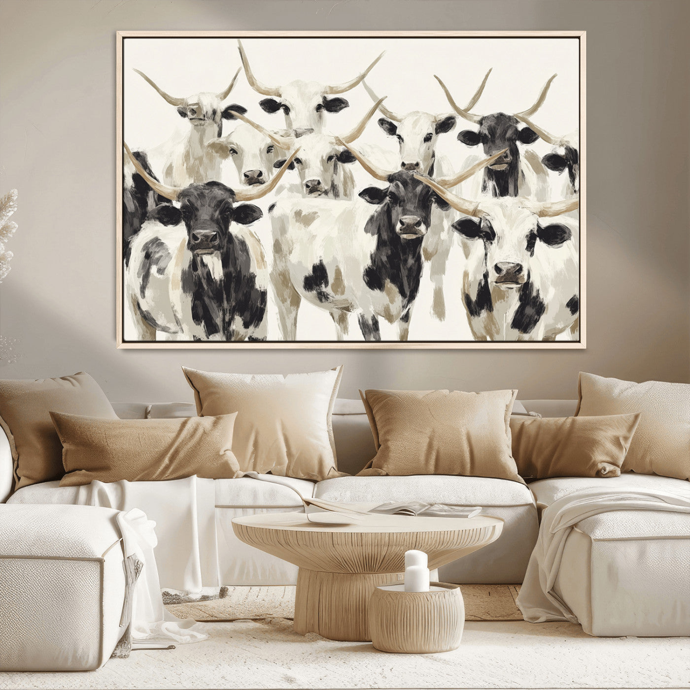 52947970-MGV-CV-36X24-Texas Longhorn Wall Art Canvas Print, Framed Cattle Herd Art Picture Print, Herd Portrait Perfect Modern Farmhouse Decor Artwork