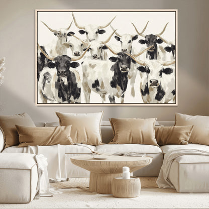 52947970-MGV-CV-36X24-Texas Longhorn Wall Art Canvas Print, Framed Cattle Herd Art Picture Print, Herd Portrait Perfect Modern Farmhouse Decor Artwork
