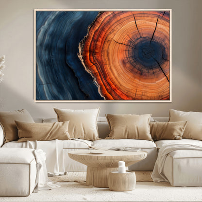 57732250-MGV-CV-36X24-Tree Ring Abstract Wall Art – Blue Orange Wood Grain Canvas Print, Modern Rustic Nature Artwork for Living Room, Office,