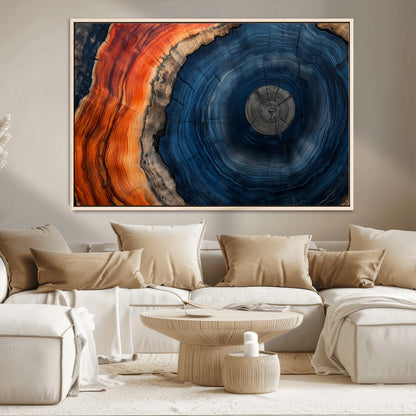 99491700-MGV-CV-36X24-Tree Ring Canvas Wall Art – Blue Orange Abstract Wood Grain Print, Rustic Modern Nature Artwork for Living Room, Office, Bedroom