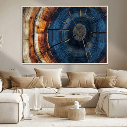 60099360-MGV-CV-36X24-Blue Tree Ring Wall Art – Rustic Wood Grain Canvas Print, Modern Abstract Artwork with Natural Texture for Living Room, Bedroom,