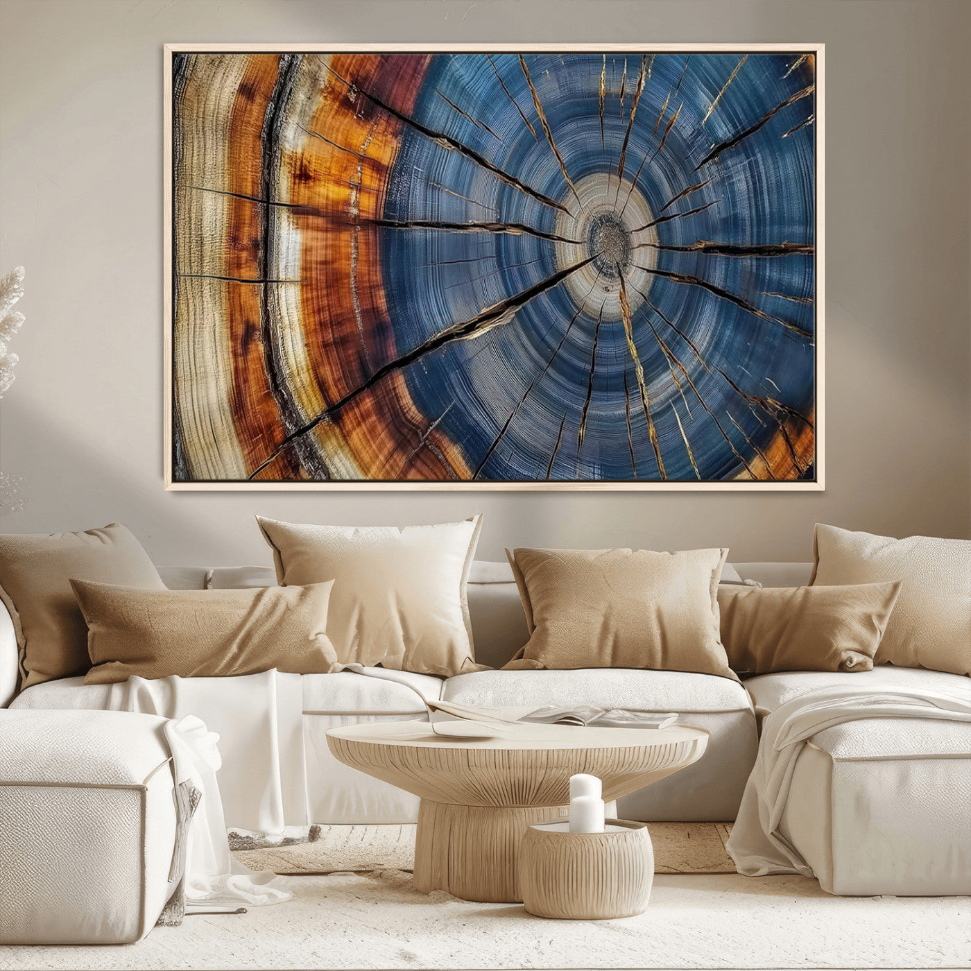 82059233-MGV-CV-36X24-Colorful Tree Ring Wall Art – Abstract Wood Cross Section Canvas Print, Modern Rustic Nature Decor for Living Room, Office, or