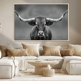 81228550-MGV-CV-36X24-Framed Texas Longhorn Bull Art Canvas Print, Western Bull Wall Art Print, Long Horn Bull Photo Print for Log Cabin, Large Bull