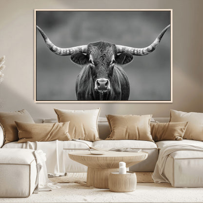 81228550-MGV-CV-36X24-Framed Texas Longhorn Bull Art Canvas Print, Western Bull Wall Art Print, Long Horn Bull Photo Print for Log Cabin, Large Bull