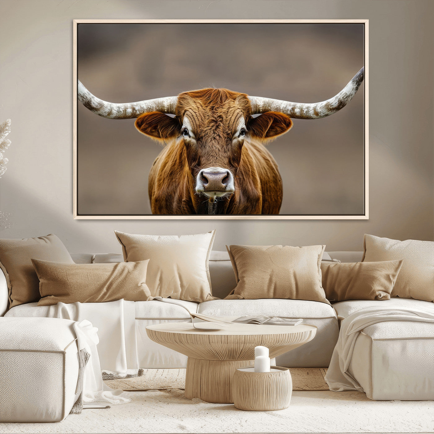 12179171-MGV-CV-36X24-Texas Longhorn Wall Art Canvas Print, Framed Brown Bull Art Picture Print, Lone Cattle Perfect Rustic Western Decor Artwork