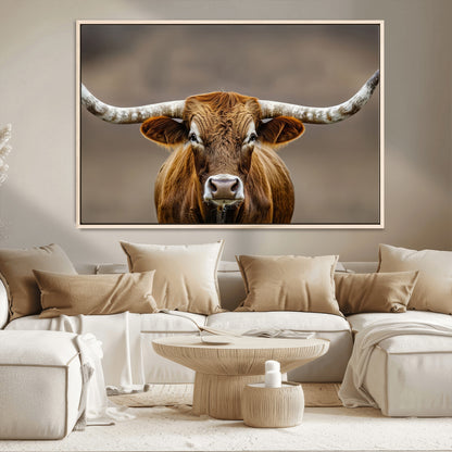 12179171-MGV-CV-36X24-Texas Longhorn Wall Art Canvas Print, Framed Brown Bull Art Picture Print, Lone Cattle Perfect Rustic Western Decor Artwork