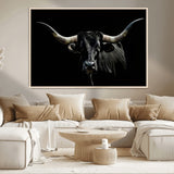 37531960-MGV-CV-36X24-Black Longhorn Bull Wall Art – Dramatic Western Cattle Canvas Print, Rustic Farmhouse Animal Artwork for Living Room, Bedroom,