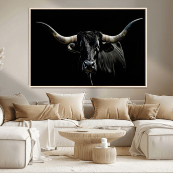 37531960-MGV-CV-36X24-Black Longhorn Bull Wall Art – Dramatic Western Cattle Canvas Print, Rustic Farmhouse Animal Artwork for Living Room, Bedroom,
