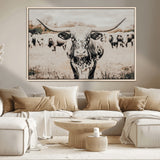 27497342-MGV-CV-36X24-Texas Longhorn Wall Art Canvas Print, Framed Speckled Cow Art Picture Print, Horned Cattle Perfect Rustic Western Decor Artwork
