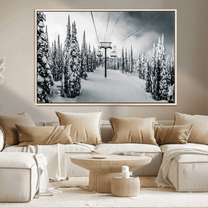 31156828-MGV-CV-36X24-Snowy Pines Wall Art Canvas Print, Framed Ski Lift Art Picture Print, Winter Forest Perfect Moody Lodge Decor Artwork