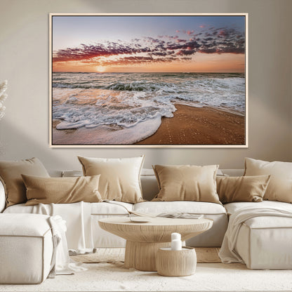 39846389-MGV-CV-36X24-Ocean Sunset Wall Art Canvas Print, Framed Sandy Shore Art Picture Print, Gentle Waves Perfect Minimalist Coastal Decor Artwork