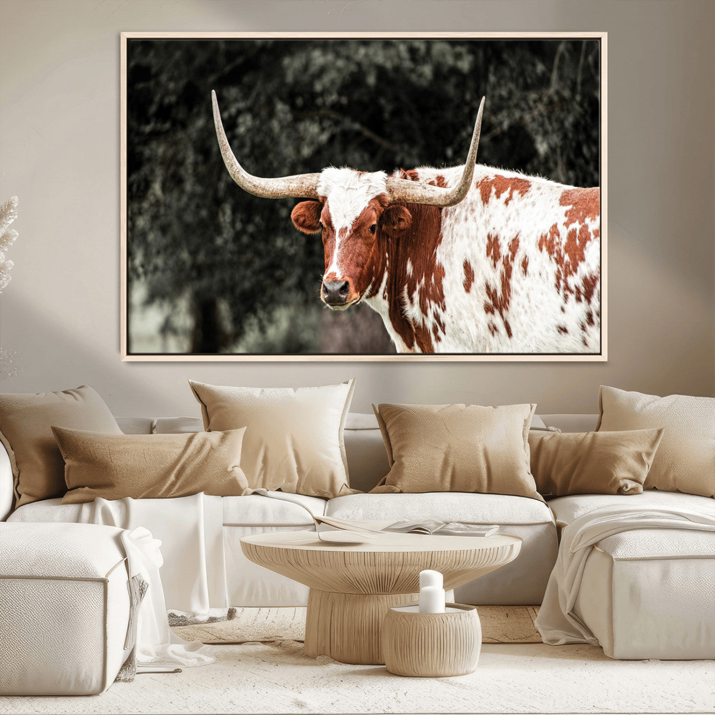 54027638-MGV-CV-36X24-Texas Longhorn Wall Art Canvas Print, Framed Spotted Cow Art Picture Print, Horned Bull Perfect Rustic Western Decor Artwork