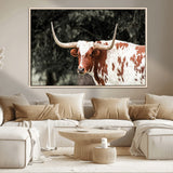 54027638-MGV-CV-36X24-Texas Longhorn Wall Art Canvas Print, Framed Spotted Cow Art Picture Print, Horned Bull Perfect Rustic Western Decor Artwork
