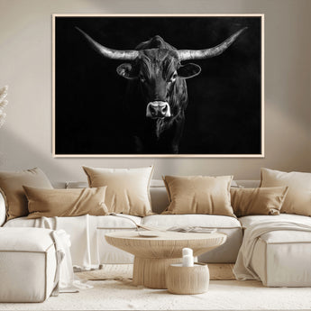 42077175-MGV-CV-36X24-Texas Longhorn Wall Art Canvas Print, Framed Monochrome Bull Art Picture Print, Horned Bull Perfect Rustic Western Decor Artwork