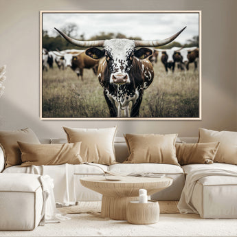 79025945-MGV-CV-36X24-Texas Longhorn Wall Art Canvas Print, Framed Speckled Cow Art Picture Print, Horned Cattle Perfect Rustic Western Decor Artwork
