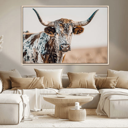 70414966-MGV-CV-36X24-Texas Longhorn Wall Art Canvas Print, Framed Speckled Cow Art Picture Print, Horned Bull Perfect Rustic Western Decor Artwork