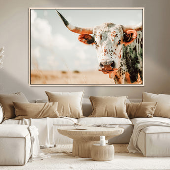 72766375-MGV-CV-36X24-Texas Longhorn Wall Art Canvas Print, Framed Spotted Cow Art Picture Print, Horned Cattle Perfect Rustic Western Decor Artwork